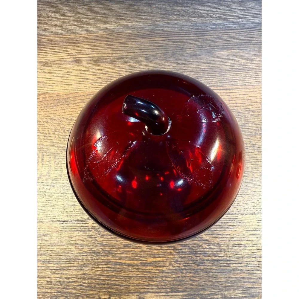 Vintage Anchor Hocking‎ Ruby Red Cookie Jar: Embossed Leaf Lid, 1970s